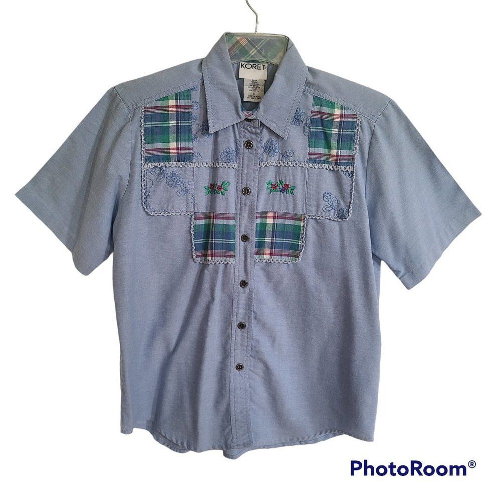 Koret Denim Chambray Floral and Plaid Embroidered Shirt Size Small Short Sleeves